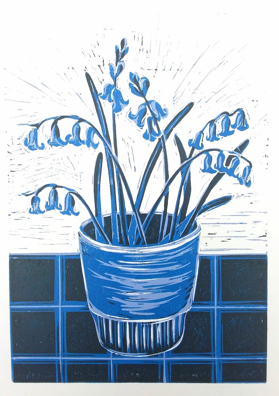 Bluebells in blue pot