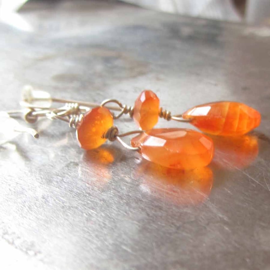 bright orange Carnelian teardrop earrings in sterling silver, natural gemstones 