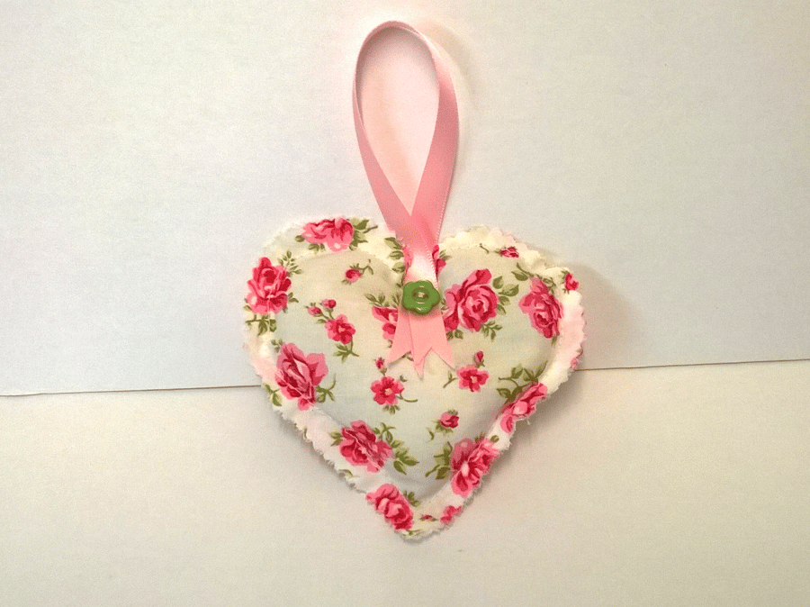 Lavender sachet, heart shaped, Cream with pink flowers, hanging ribbons