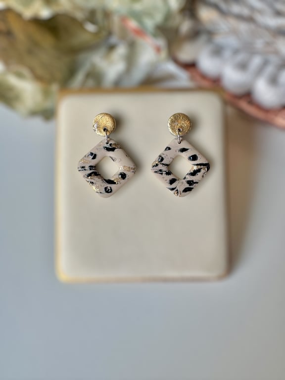 Animal Print - Diamond and Gold Circle drop Polymer Clay earrings 