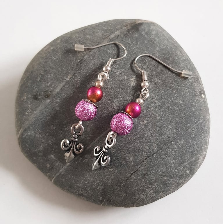Pink and Gold Fleur de Lis Earrings - Sparkly Bead Drop Earrings