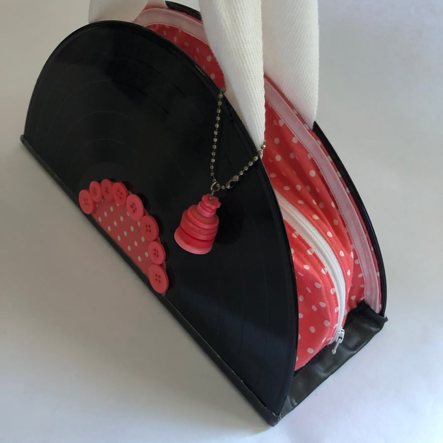 Retro Style Rockabilly Handbag Pink Polka Dot Button Trim Upcycled Record