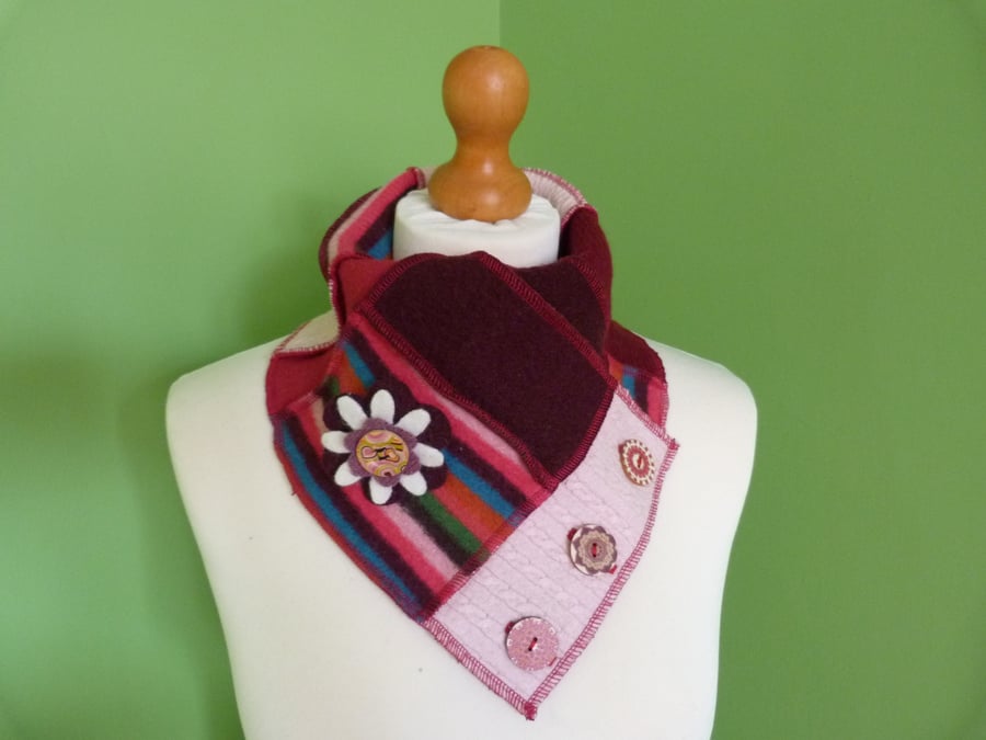Neck Warmer Scarf with 3 button Trim. Upcycled Cowl. Felt Flower. Burgundy Pink