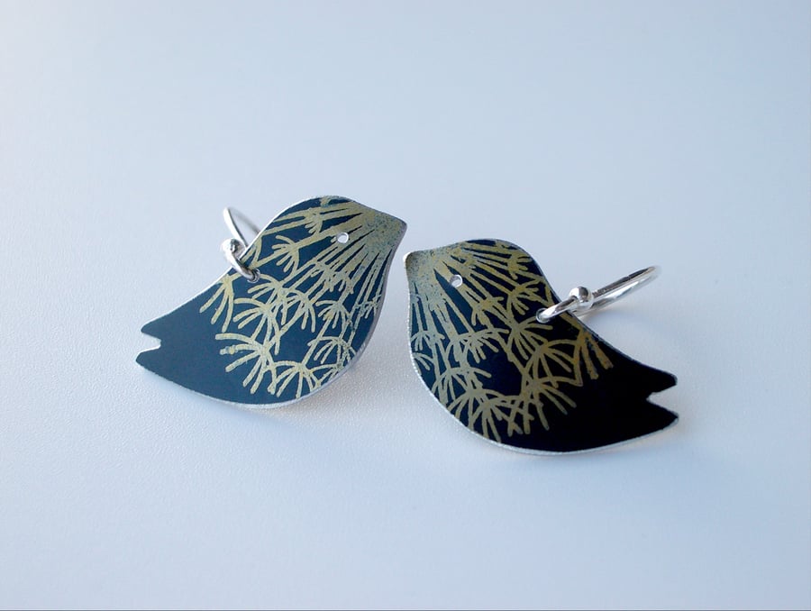 Bird earrings in black with gold dandelion clock print