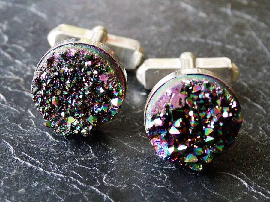 Sterling silver cufflinks with peacock titanium druzy cabochon.