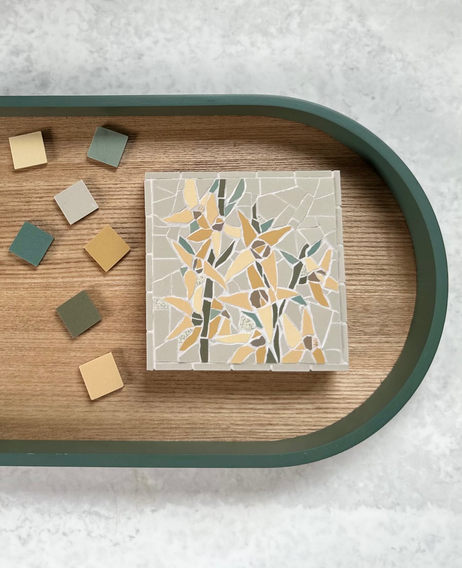 Mosaic Floral Art - Yellow Forsythia Mosaic Wall Plaque in Grey