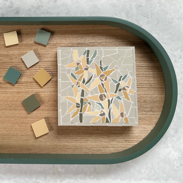 Mosaic Floral Art - Yellow Forsythia Mosaic Wall Plaque in Grey