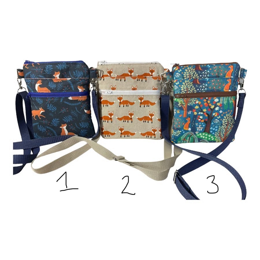 Fox print small and slim shoulder phone bag, Fox and owl handbag, woodland purse