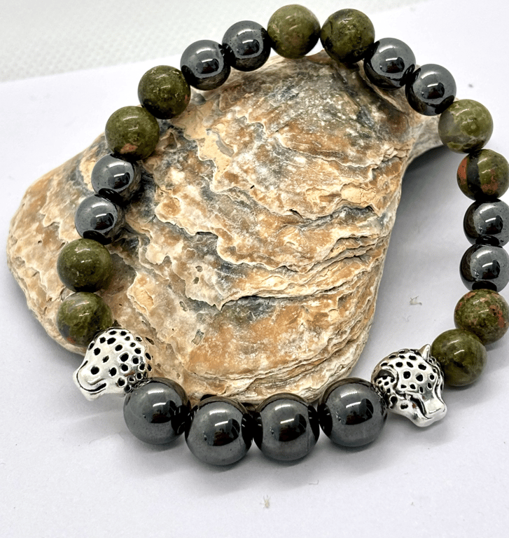 Unisex Stretch Bracelet, Hematite and Unakite,