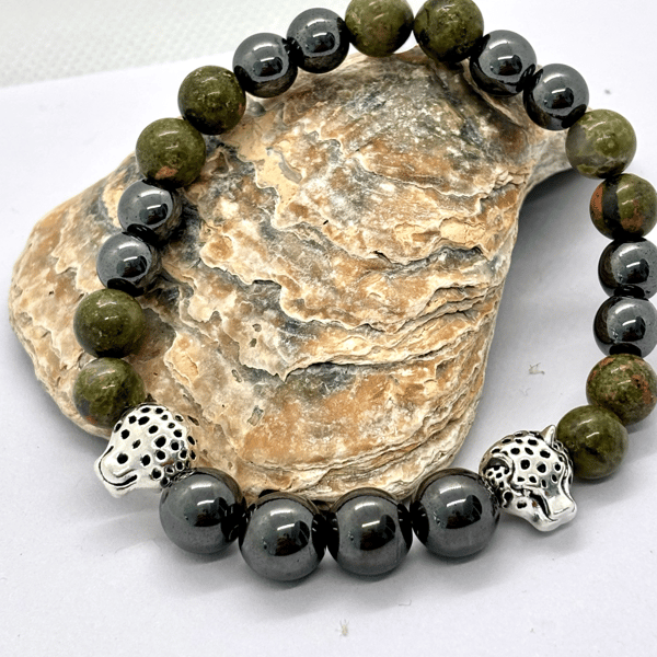 Mens Stretch Bracelet, Hematite and Unakite,gifts for him,Healing Gift for men,