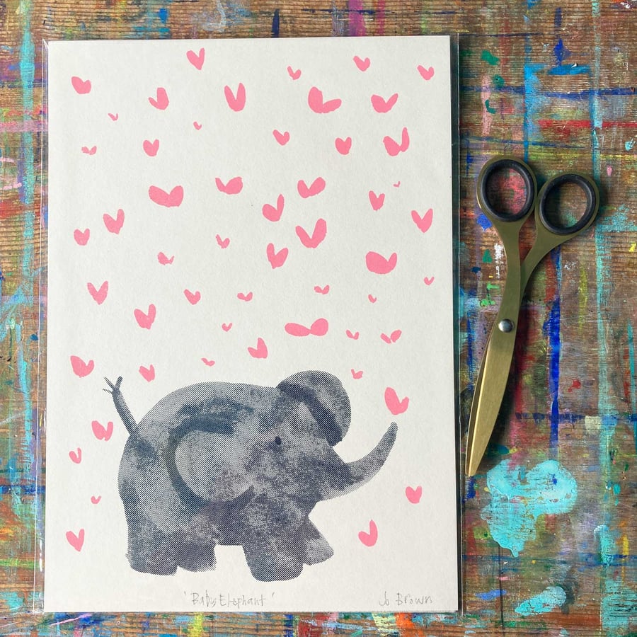 Baby elephant and butterflies unframed screen print-new baby gift