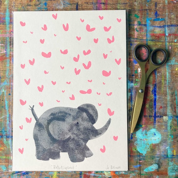 Baby elephant and butterflies screen print-new baby gift