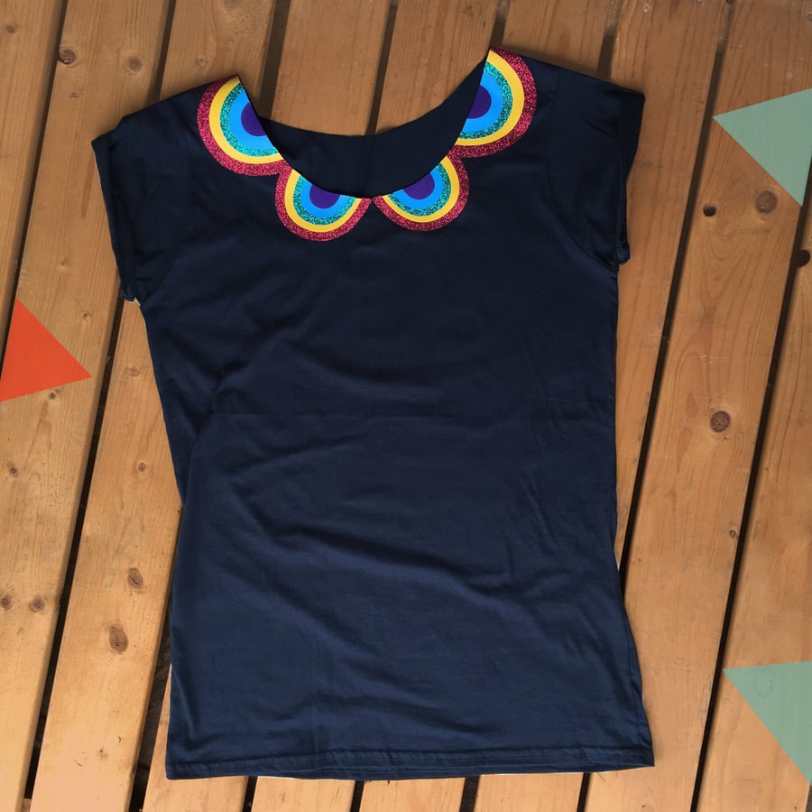 Rainbow Peter Pan Collar Woman's Black top with glitzy detail. Ladies T-Shirt