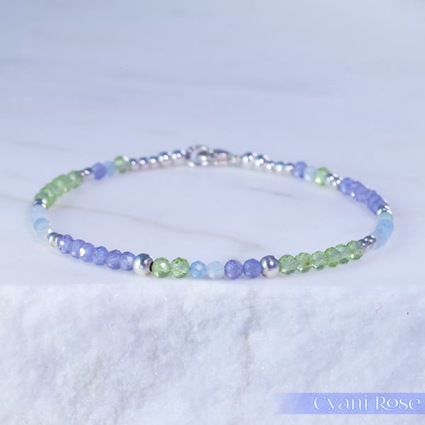 Handmade dainty beaded bracelet peridot tanzanite aquamarine silver