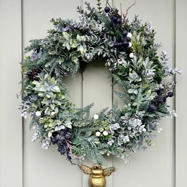 Neutral Berry Wreath: Winter Christmas Frosted Front Door Decor (55cm)
