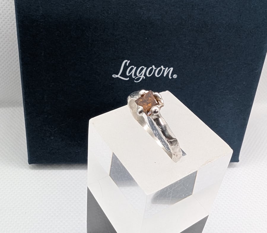 'Orrica' Sterling silver organic form ring with smokey stone Size P