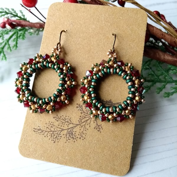 Christmas Wreath Hoop Earrings in Green, Gold and Red