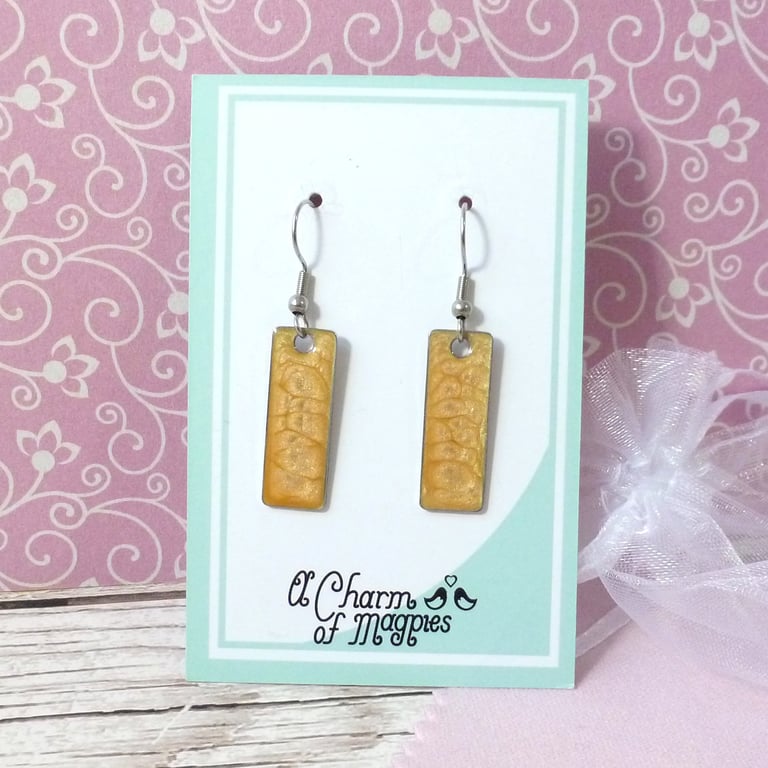 Golden yellow dangle earrings, colourful dainty steel earrings