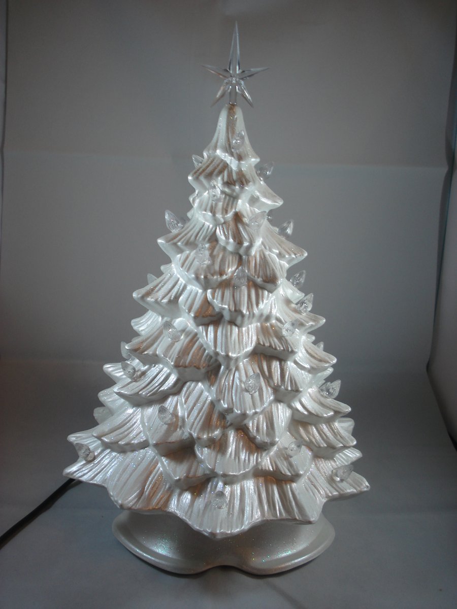 Ceramic Hand Painted White Glittery Christmas Xmas Tree Table Lamp Decoration.