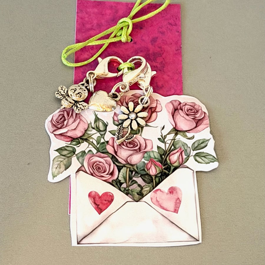 Card with 3 clip on charms, stitch markers 