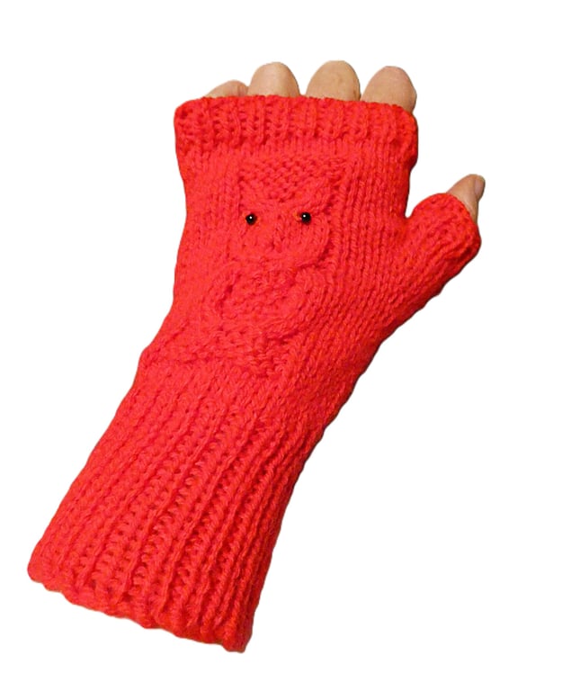 Knitted handmade red fingerless mittens with owl pattern