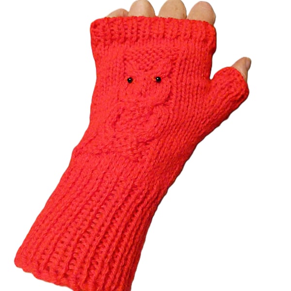 Knitted handmade red fingerless gloves with owl pattern