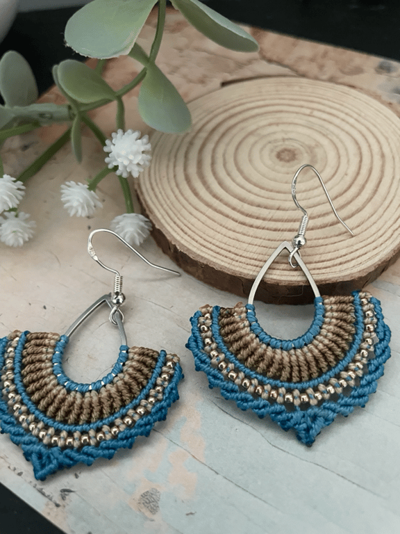 Earrings, pretty unique micro macrame beaded fan design hoop boho earrings