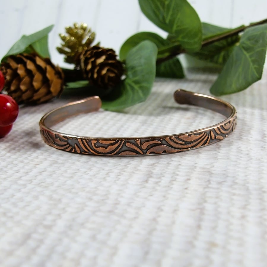 Copper Cuff - Embossed Leaf Pattern with Antiqued Finish. Size Medium ...