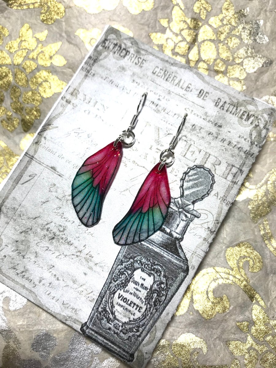Pink and Green Sterling Silver Fairy Wing Earrings