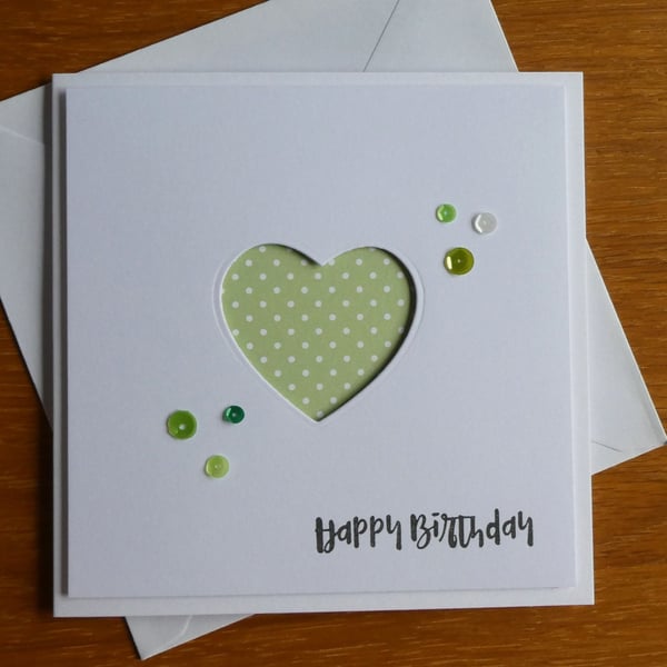 Happy Birthday Card -Spring Green and White Polka Dot Heart Aperture
