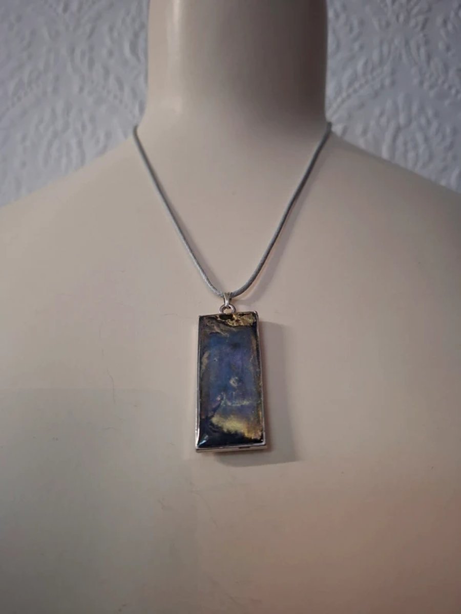 Blue and Gold Long  Rectangle Shaped Hand Made Resin Crafted Pendant 
