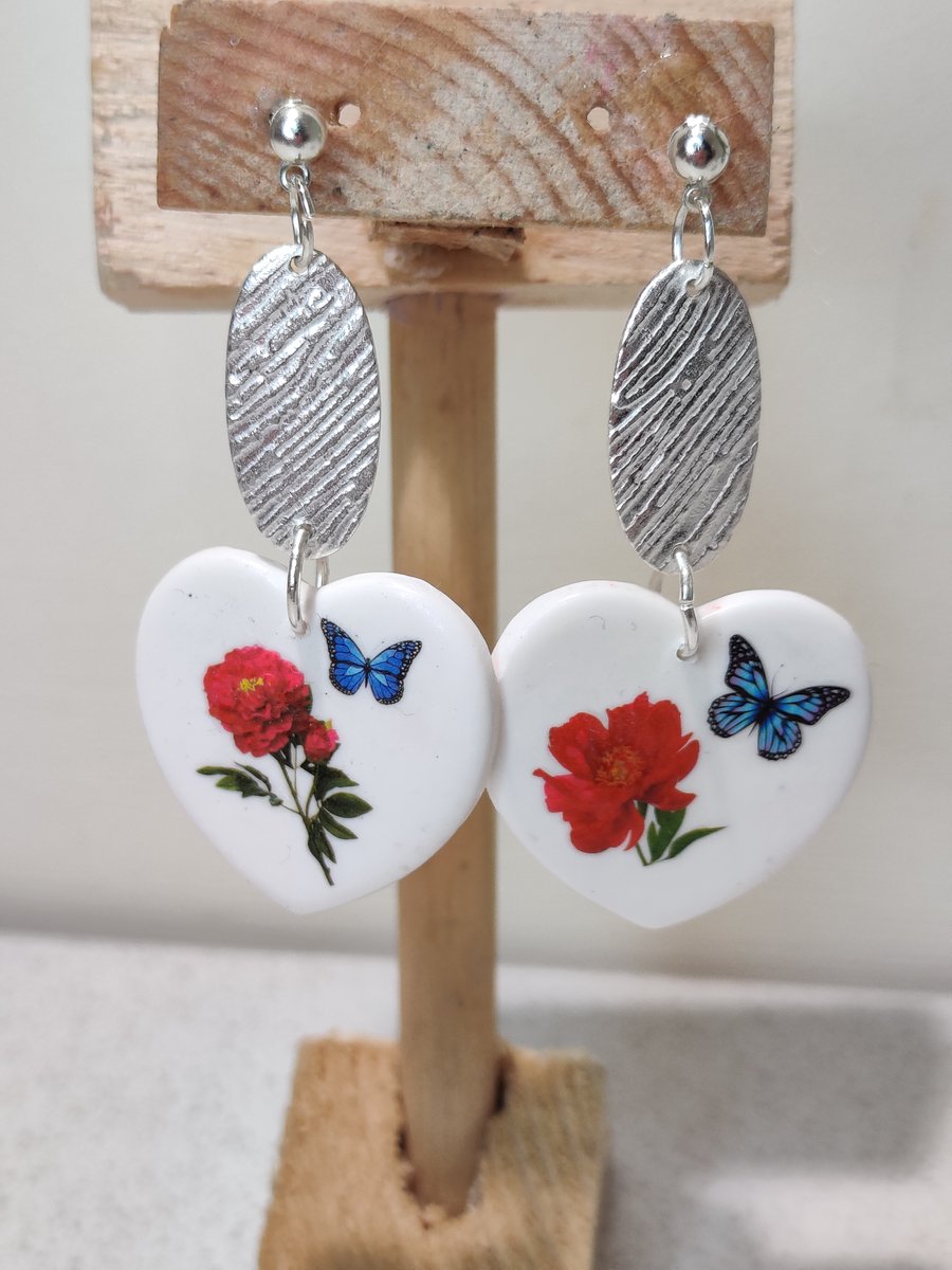 Red rose butterfly transfer polymer clay earrings
