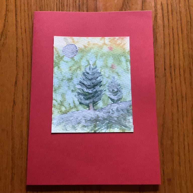 Hand painted Yule Christmas Card 'Red Stars at Night'