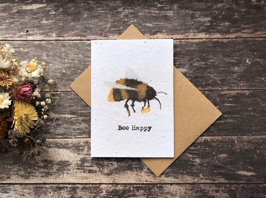 Seed Paper Birthday Card, Blank Inside,Bee Happy card, Happy Birthday card