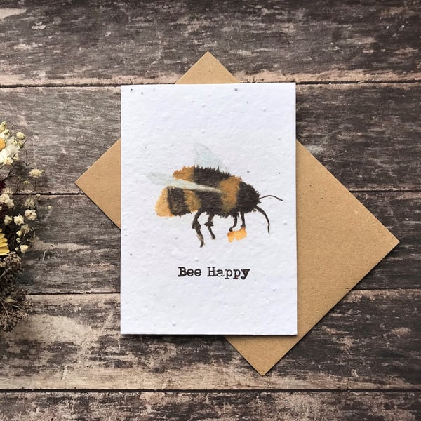 Seed Paper Birthday Card, Blank Inside,Bee Happy card, Happy Birthday card