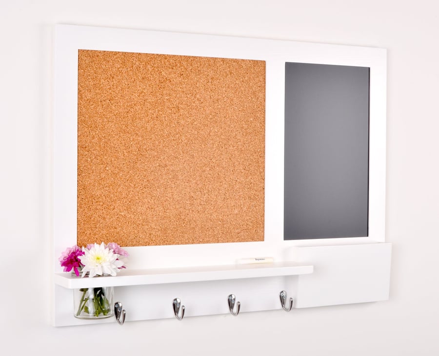 Pin Board Chalkboard with Hooks, Shelf, Mason Jar and Mail Holder In White