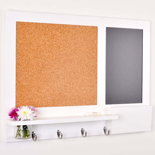 Pin Board Chalkboard with Hooks, Shelf, Mason Jar and Mail Holder In White