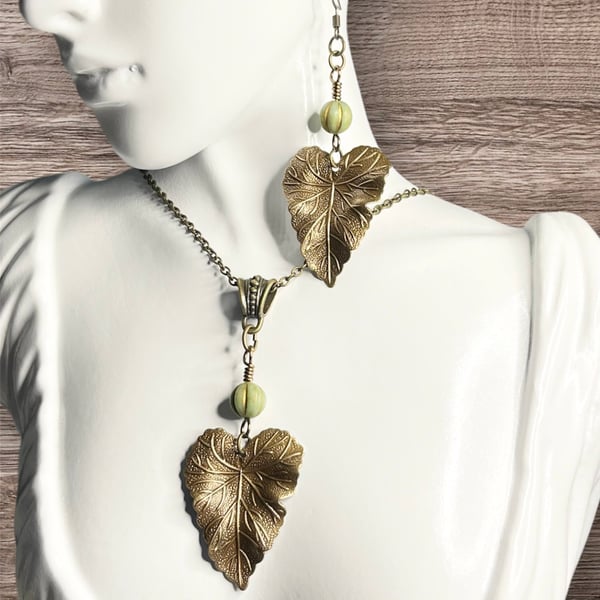 Large brass leaf and sage green pendant and earring set