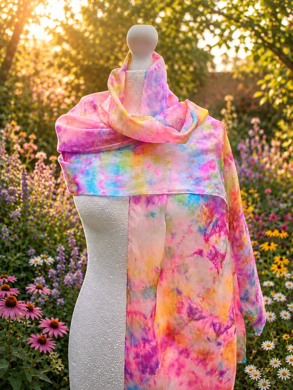 Stunning Hand Dyed Pure Silk Scarf. 'Flower Garden' A Beautiful Gift. 