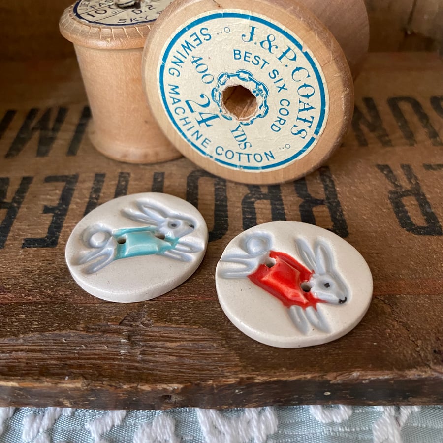 Set of two winter bunny ceramic handmade buttons