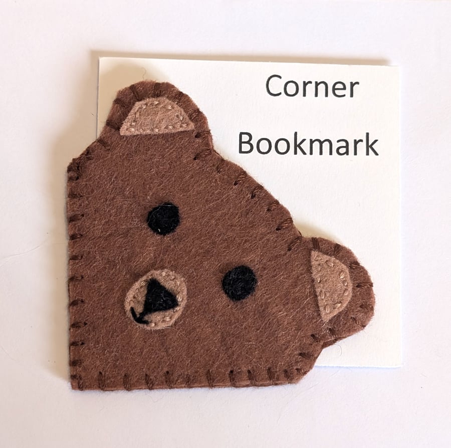 Handmade handsewn felt corner bookmark - brown bear