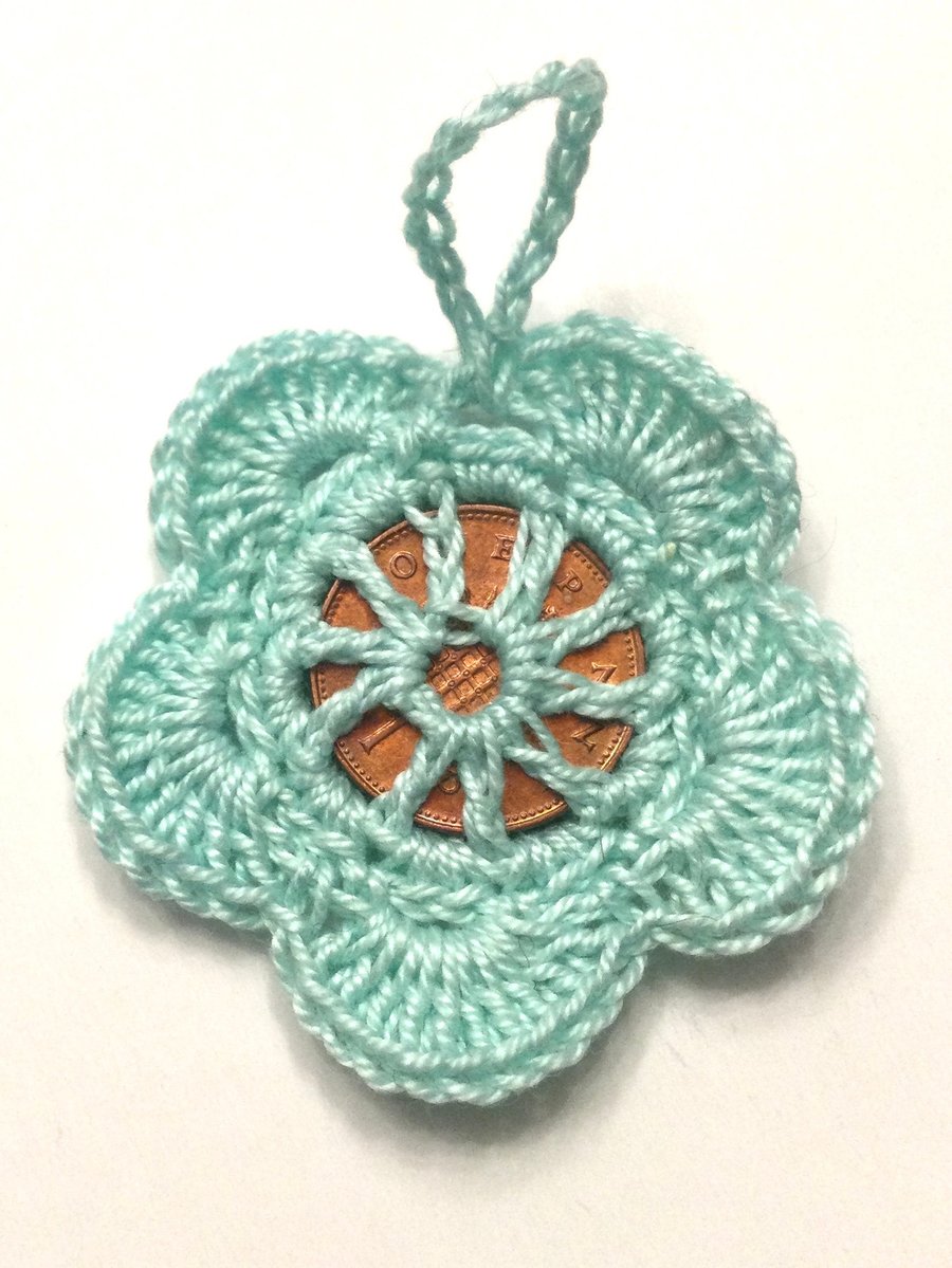 Hand crochet lucky penny flower good luck charm wedding christening party favour