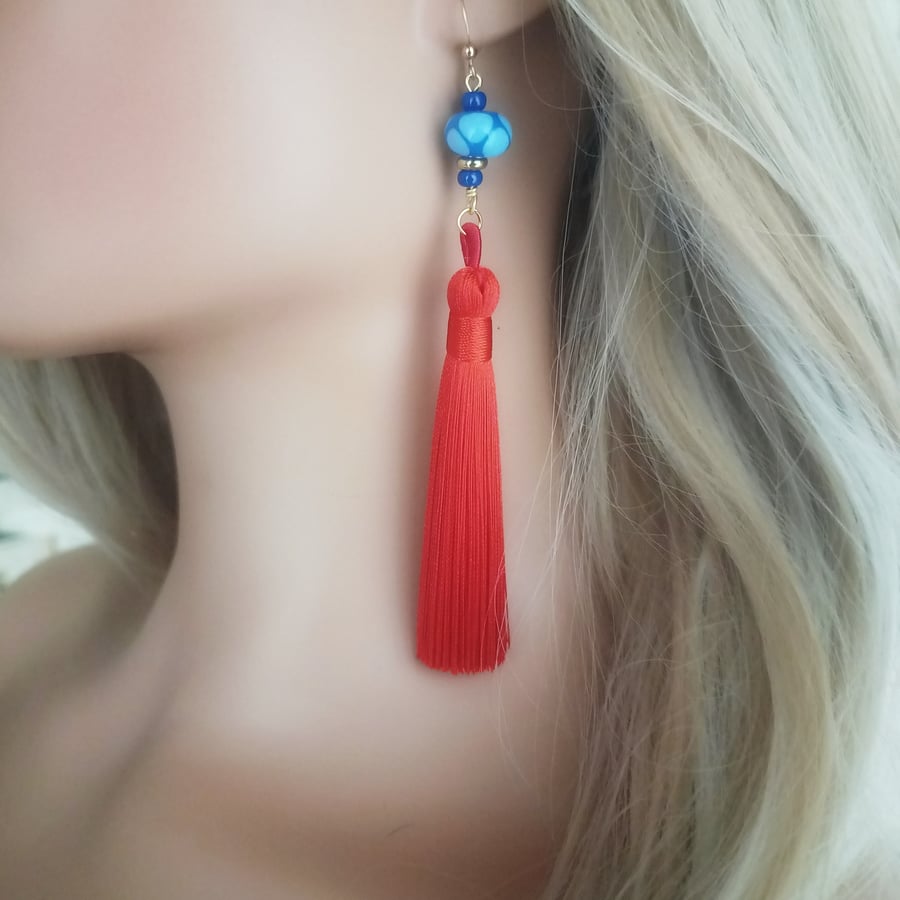 Red Silk Tassel earrings - Long
