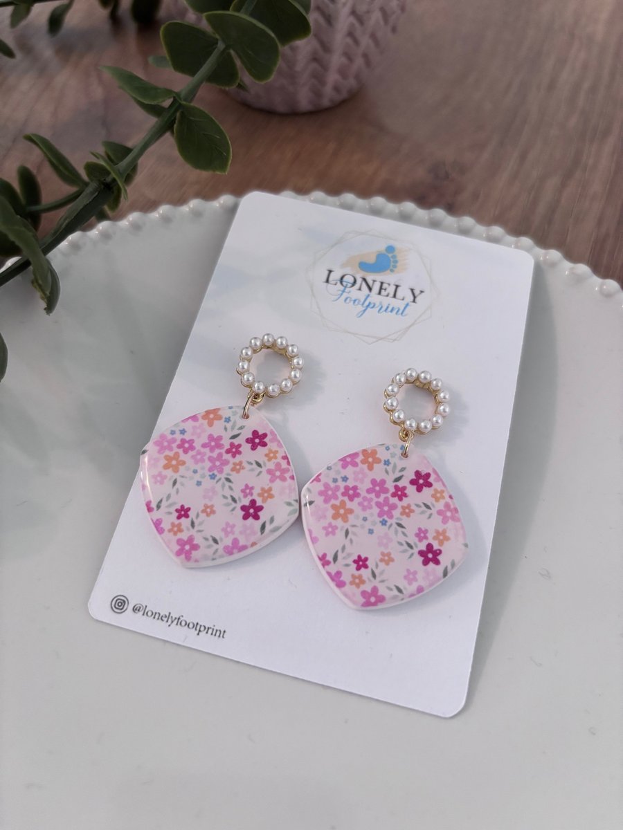 Floral Pearl Dangle  Polymer Clay Earrings - Lightweight Handmade Earrings 