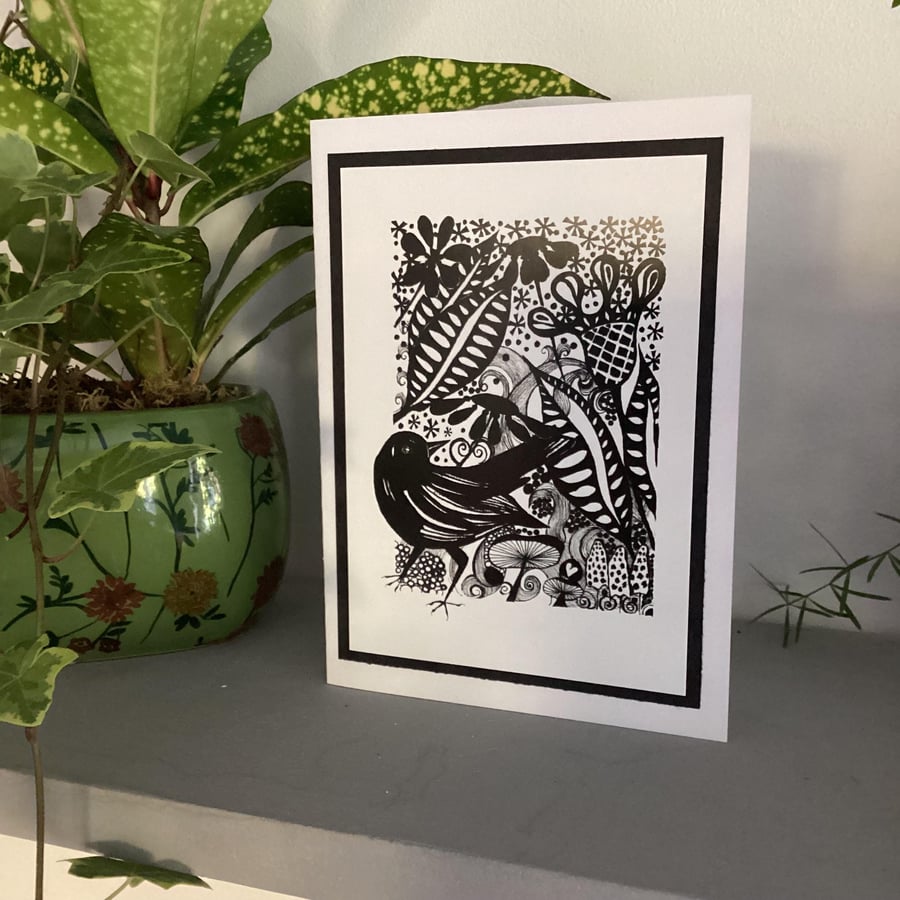 Greetings card, blank card, blackbird card, black and white, bird and flowers