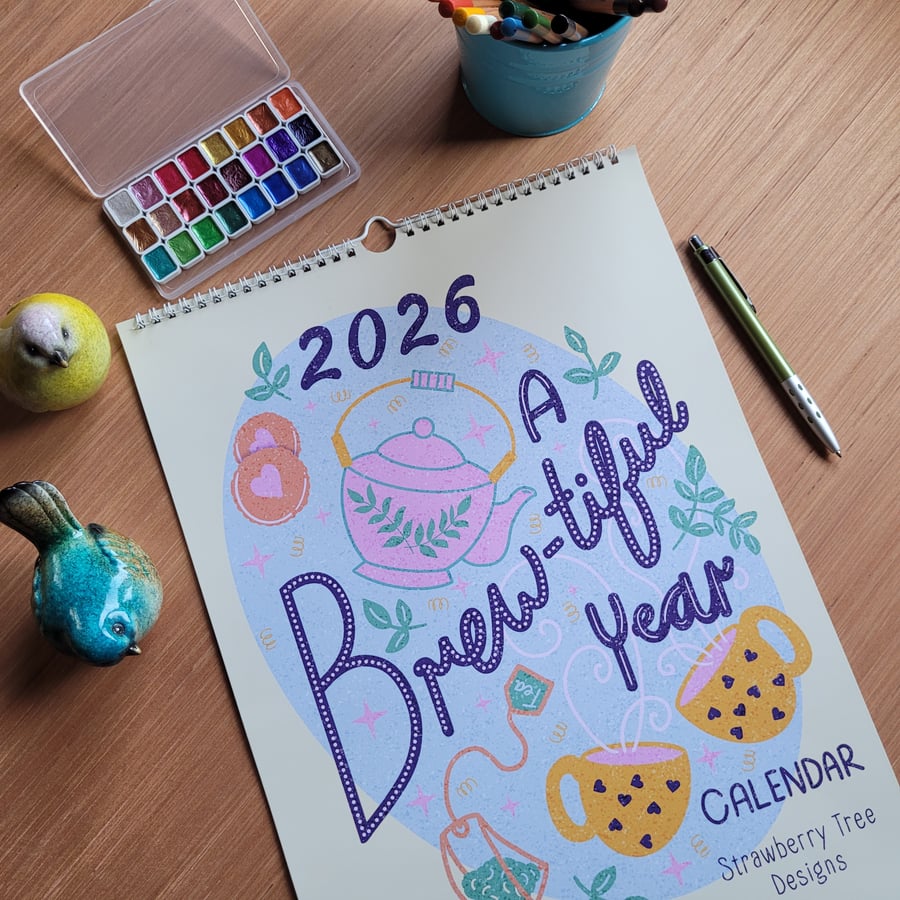 2026 calendar, Tea puns, funny and cute hand drawn
