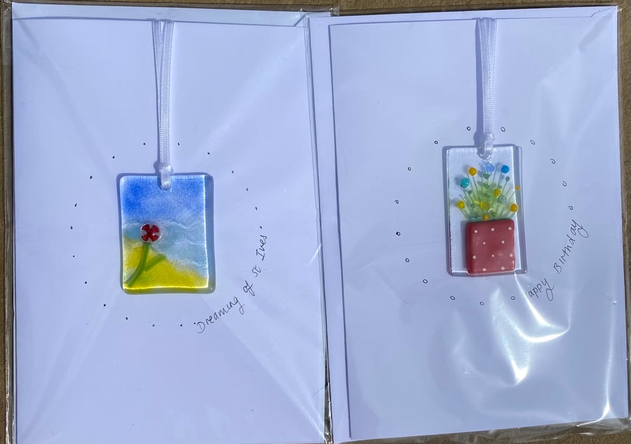 2 pack handmade fused glass keepsake cards 