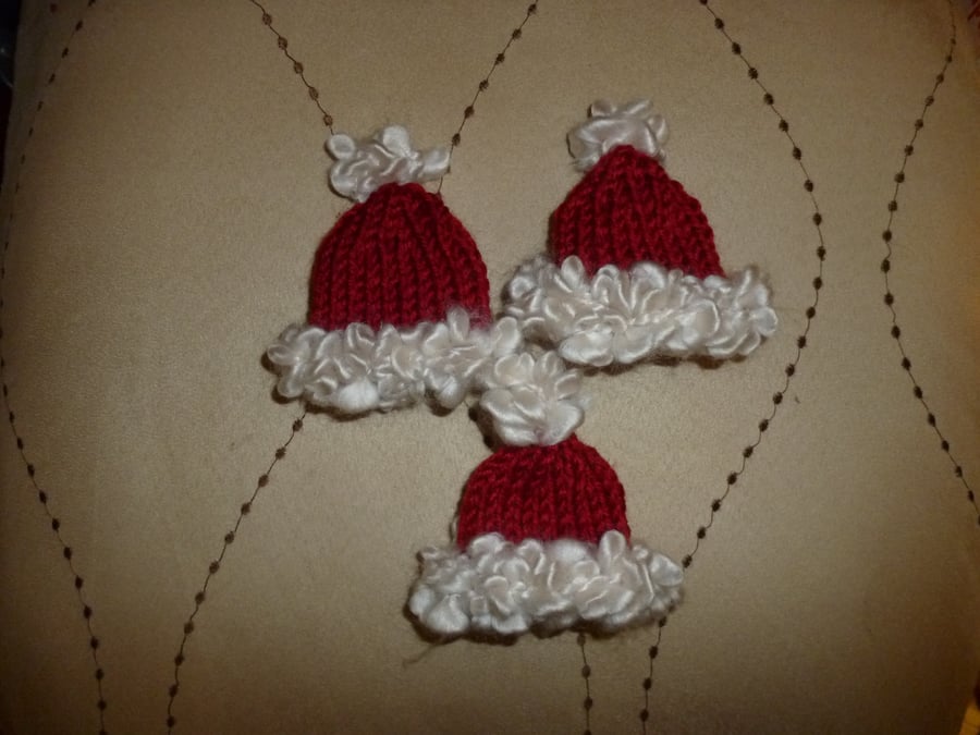 christmas3 Hand knitted christmas hat decorations - traditional red cream  white