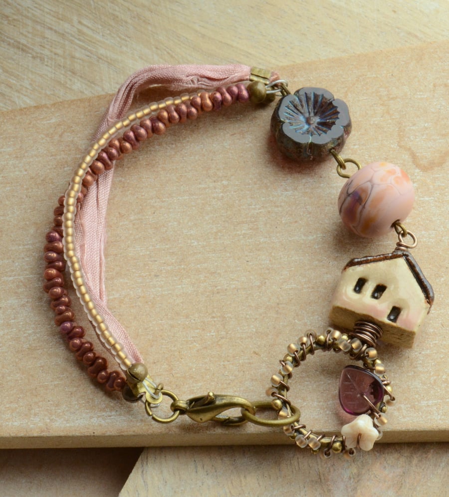 Bracelet with ceramic peach house, Czech flower, connector and Lampwork Bead