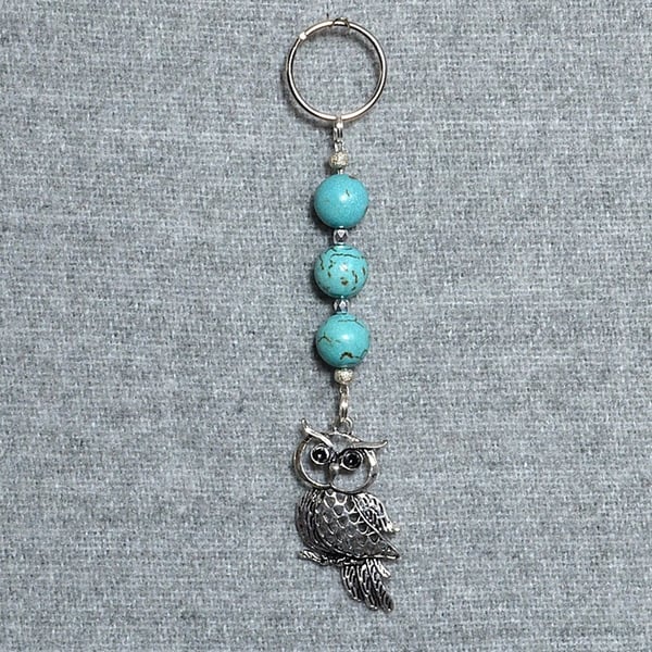 Keyring or Bag Charm – Owl Charm with Turquoise Stone Beads and Silver Spacers
